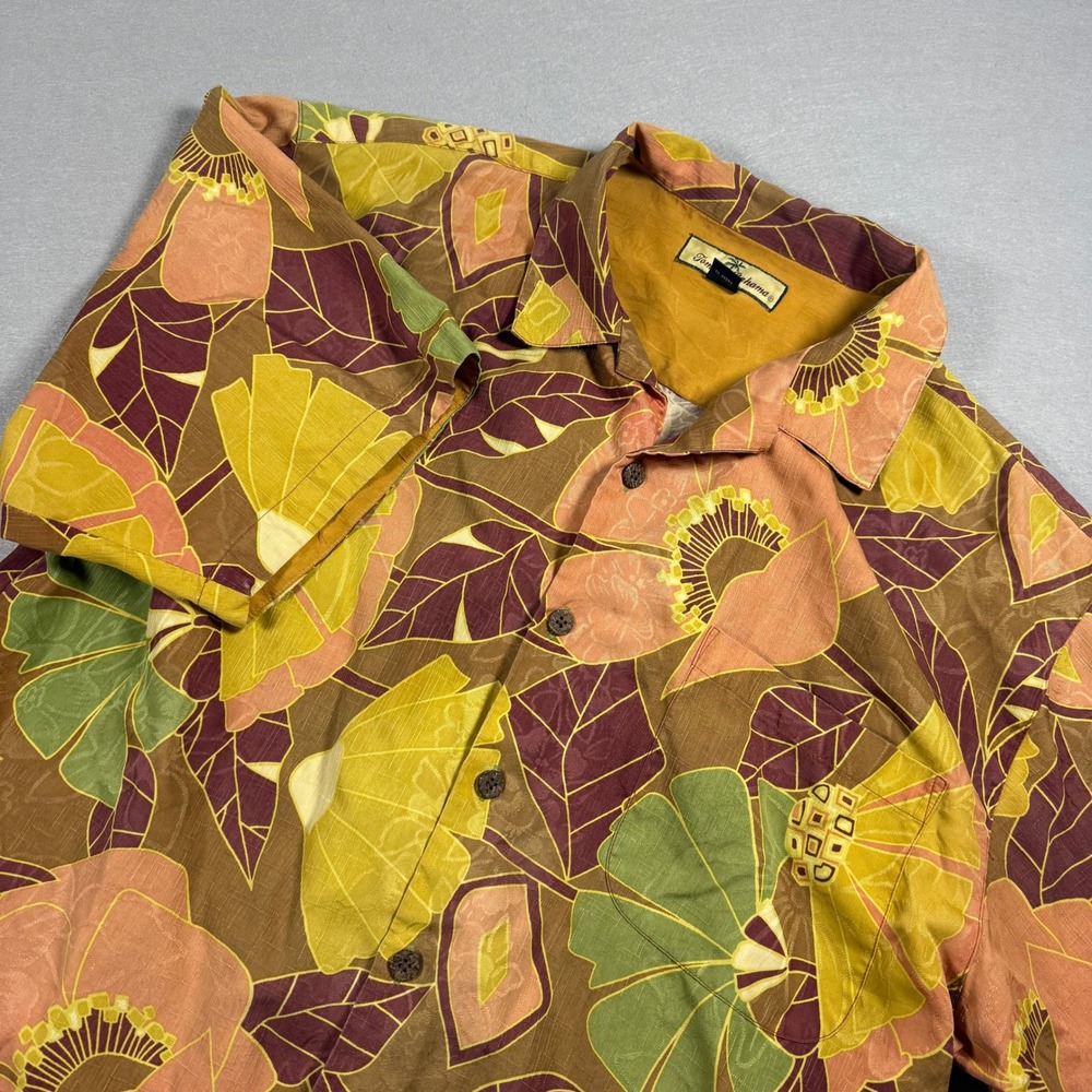 Tommy‎ Bahama Mens L 100%Silk Floral Tropical Leaf Print Camp Shirt Button Brown
